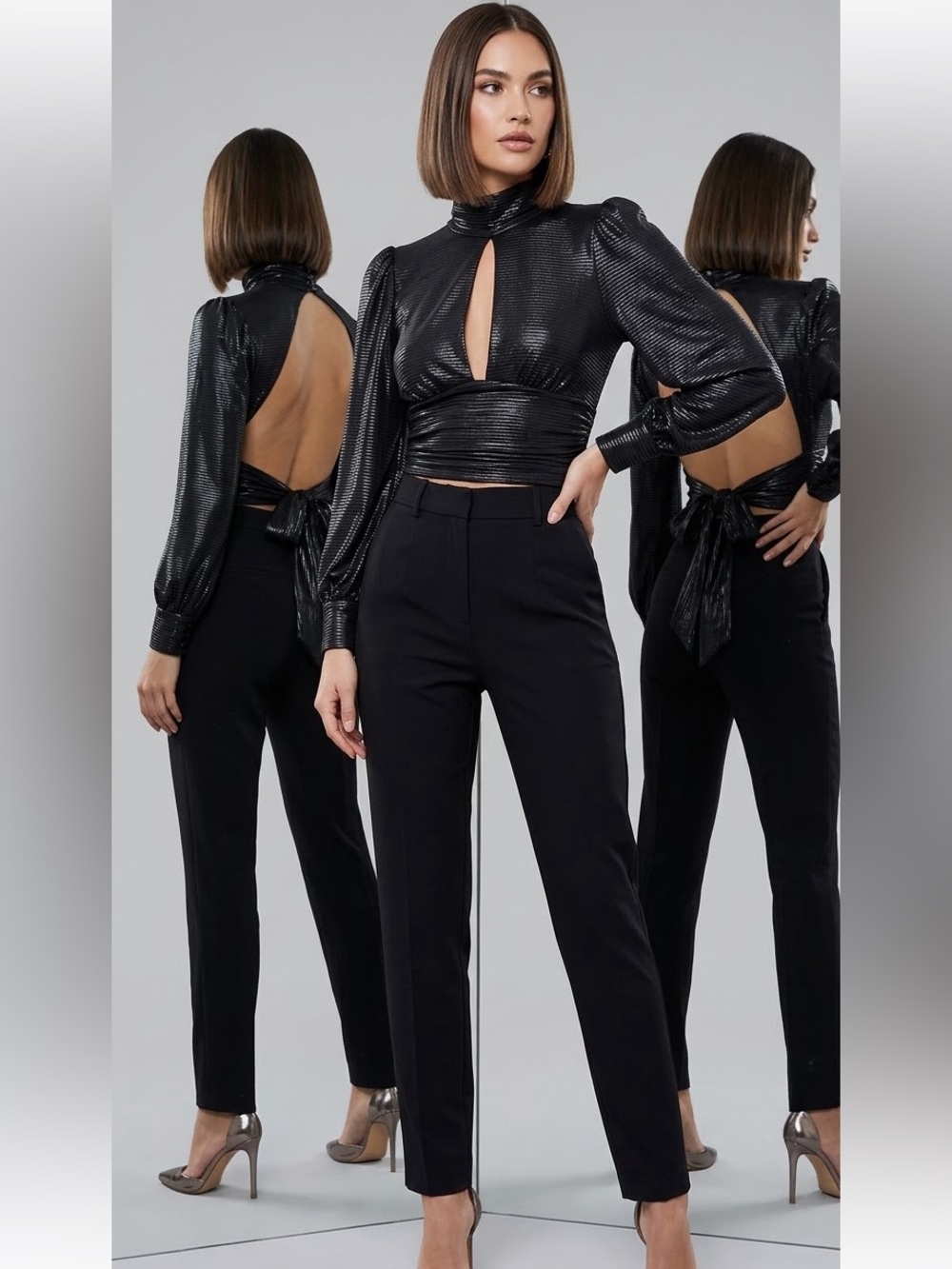 Hera Collection Metallic Keyhole Open Back Top - Black